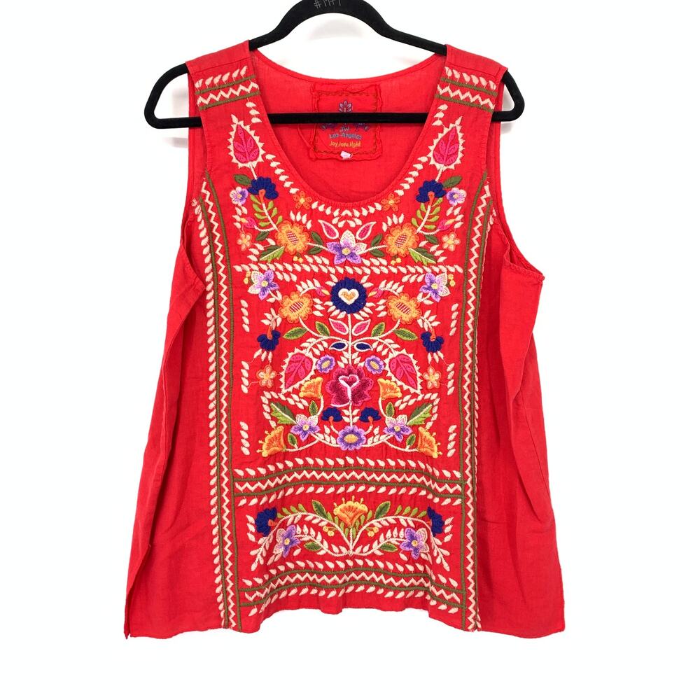 Johnny Was Sleeveless Top Sz L Red Multicolor Floral Embroidered Boho Linen Tank